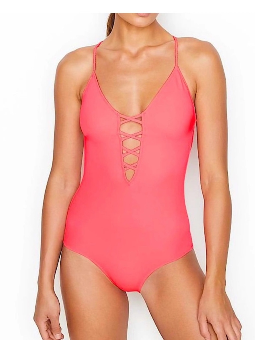 Victoria's Secret Coral Pink One-Piece Swimsuit with Lace Front - Size Small